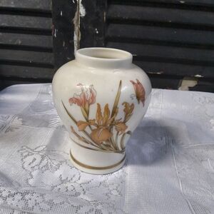 White Floral Ceramic Bud Vase with Orange and Gold Accents
